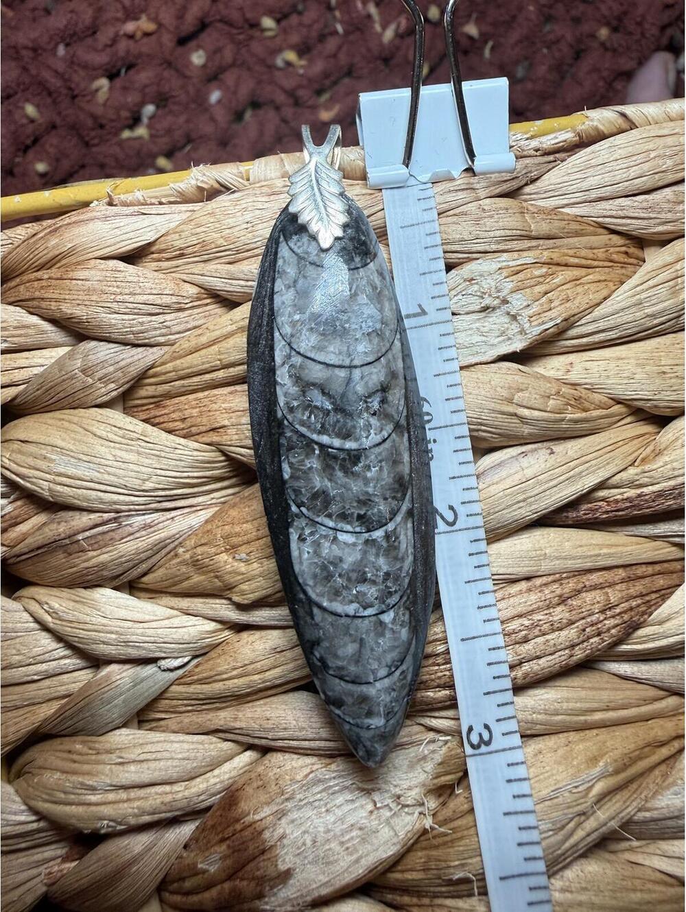 Handmade Fossil Orthoceras Pendant Necklace with Leaf Accent